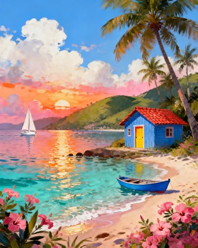MIRCVSH Scenery Paint by Numbers Kit for Adults Beginner,Beach Cottage Landscape Paint by Number Kits on Canvas,DIY Unframed Acrylic Watercolor Painting by Number for Home Decor Gift 16x20 Inch. - color: MT22593