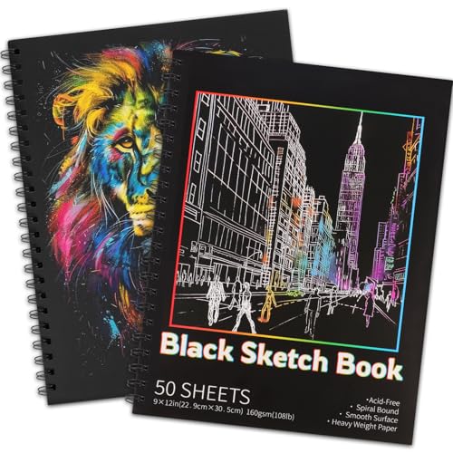 Black Paper Sketchbook 2 Pack, 9 × 12 in, 100 Sheets, 160gsm Spiral Bound | Acid-Free 108 Lb Black Paper, Left Spiral Tear-Out Pages, Hardcover for Drawing, Chalk, Gel Pens And Mixed Media - size: 9×12 Inch (2 Pack )