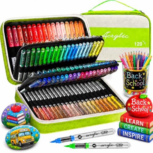 120 Colors Soft Brush Tip Acrylic Paint Markers, for Rock Wood Glass Canvas | 1-5mm Acrylic Brush Markers, Water-based Non-toxic Ink Quick-Dry acrylic markers set, for Rock Wood Fabric Egg & DIY Crafts