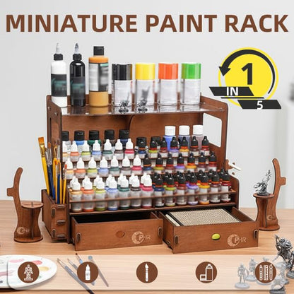 OPHIR Wooden Paint Organizer for 104 Bottles with 2 Brush Holder, 2 Drawer - size: 1.02" & 1.42"-104 Holes