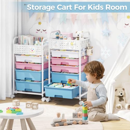 5 Drawer Rolling Storage Cart with Pegboard Top and Hooks, Pink&Blue - color: Pink&Blue, size: 5-Drawers