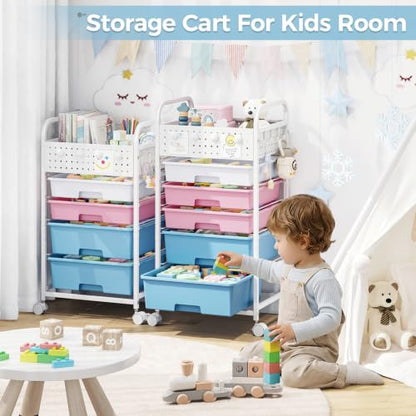 5 Drawer Rolling Storage Cart with Pegboard Top and Hooks, Pink&Blue - color: Pink&Blue, size: 5-Drawers