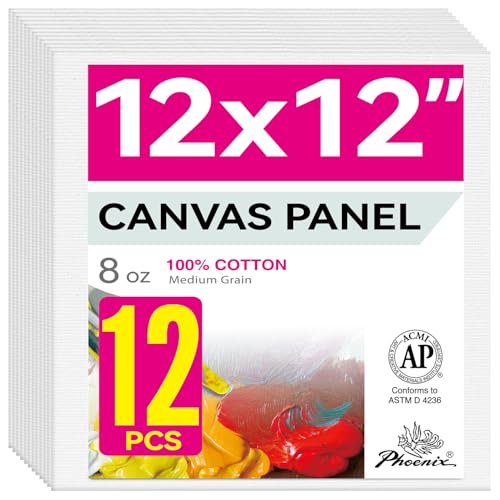 PHOENIX Square Painting Canvas Panels 12x12 Inch, 12 Value Pack - 8 Oz Triple Primed 100% Cotton Acid Free Canvas Boards for Painting, White Blank Flat Canvas Boards for Acrylic, Oil Paints - color: White, size: 12" x 12"