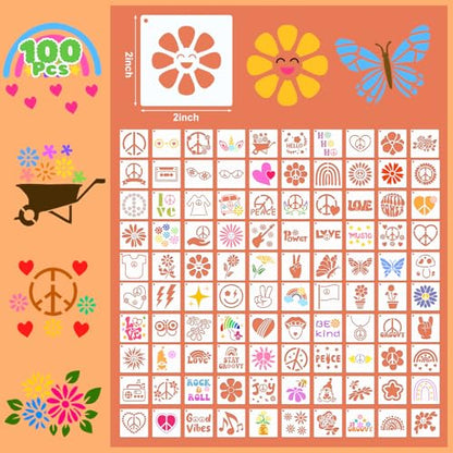 Fainne 100 Pcs 2 Inch Groovy Party Stencils Small Stencils for Painting | Reusable Craft Stencils, DIY Scrapbook, Wood Wall Fabric Rock Chalkboard Sign Painting, Home Art Decor Projects - style: Groovy Party