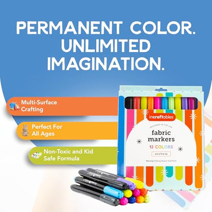 Incraftables Fabric Markers - 12 Pack Permanent Non-Bleed Markers for Clothes, Kids Crafts, Canvas Tote Bags, Quilting, & More - Vibrant Fabric Paint Pens - style: Fabric Marker