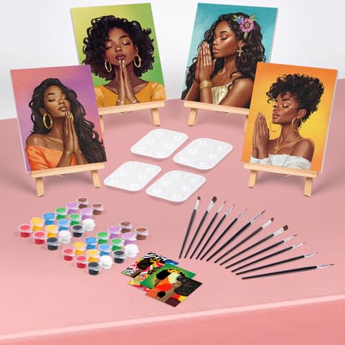 4 Pack Sip and Paint Kit for Adults Pre Drawn Canvas for Painting Pre Printed Stretched Canvas DIY Art Party Set Date Night Girls Game (Pray Girl,8x10 Inches) - style: Pray Girl