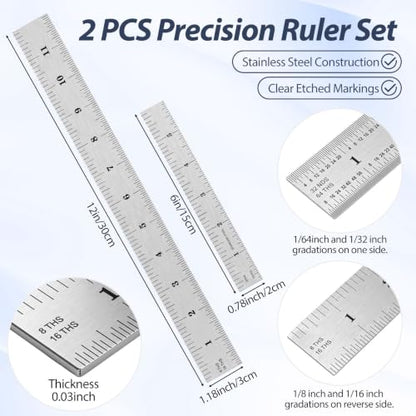 EBOOT 2 Pcs Stainless Steel Ruler Machinist Engineer Ruler with Markings 1/8, 1/16, 1/32, 1/64 Inch for Engineering, School, Office, Architect, and Drawing - size: 6 Inch, 12 Inc