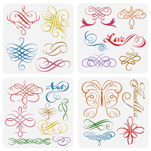 FINGERINSPIRE 4 Pcs Swirls Calligraphy Painting Stencil 11.8x11.8 inch Reusable Swirls Border Corner Drawing Template Love Thank You Calligraphy Stencil for Painting on Wood Wall Fabric Furniture - color: Swirls Calligraphy