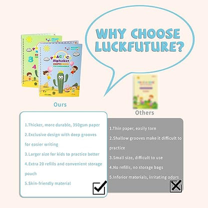 LUCKFUTURE Large Handwriting Practice for Kids, Grooved Design | Reusable Magic Copybook Set, Kindergarten Preschool Learning Activities Workbook, 5 Books with Pens - size: Large Handwriting Practice Books