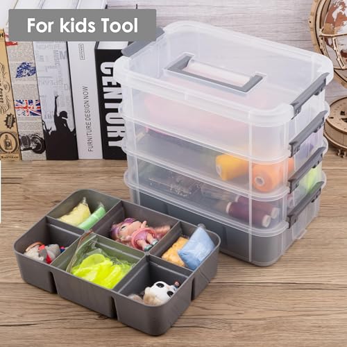 CraftGenes Craft Organizers and Storage, 4-Tier 10 Qt Box, 2 Trays, Grey | Clear Compartments; Dual Removable Inserts; Carry Handle; Side Latches; Beads, Ribbon, Stamps, Scrapbook Pieces, DIY Tools - color: Grey
