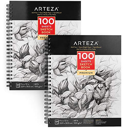 ARTEZA Sketch Book 2 Pack, 9x12 Inches, 200 Sheets of 68 lb Heavyweight Paper, Spiral Bound Drawing Pad with Perforated True-to-Size Pages for Sketching, Drawing, and Illustration - size: 2 Pack 9x12