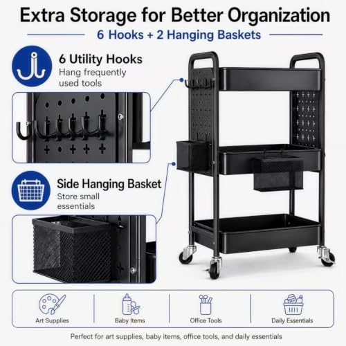3 Tier Black Rolling Storage Cart Metal with DIY Pegboard and Wheels | Three Tiered Art Supply Organizer Cart, Utility Hobby Carts for Craft, Snack, Diaper Caddy, Nail, Baby Essentials, Snack - color: Black