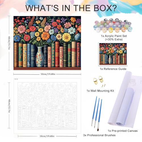 Natuyalo DIY Painting by Numbers for Adults, Books and Flowers Paint by Numbers, 16x20 Inch Adults Paint by Number Kits on Canvas, Frameless Color by Number Acrylic Art Craft Kits - color: Color-05