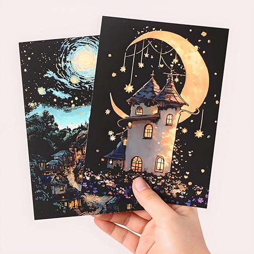 Glow in The Dark Scratch Art Kit - 8 Sheet Rainbow Scratchboards(A5) | Creative Engraving Craft Supplies for Teens & Adults | DIY Projects & Sketching Activity | ASMR Stress-Relieving(Castles/Animals) - color: Castles/Animals