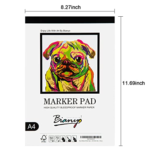 Bianyo Bleedproof Marker Paper Pad, A4(8.27"X11.69"), 50 Sheets/Pad, Pack of 2 Pads, 18 LB / 70 GSM, Glue-Bound, 100% Cotton, White, Ideal for Use with Markers and Ink Mediums - size: A4(8.27*11.69"), 100 sheets
