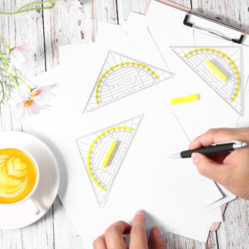 Multifunctional Triangle Ruler with Handle, 4 PCS Transparent Set Square with Protractor Plastic Triangle Ruler Set Drafting Triangles for Designers Architectors Engineers Geometry Drawing Tools