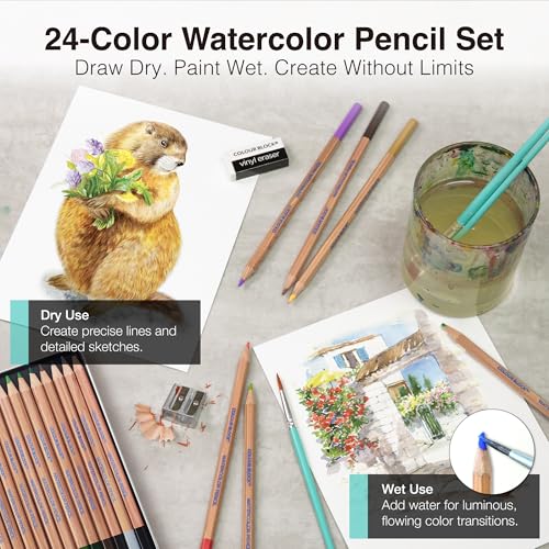 COLOUR BLOCK 24PC Premium Cedar Wood Watercolor Pencil Set with I Ideal pencil kit for Drawing, Sketching, Coloring and Painting travel watercolor pencils