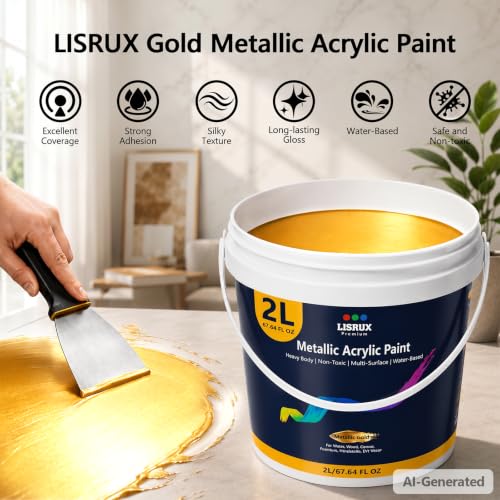 LISRUX Metallic Gold Acrylic Paint, 67.64oz/2000ml Large Gold Leaf Paint, Non Toxic, Non Fading & Rich Pigment Gold Paint for Metal, Wood, Canvas, Furniture, Clay, Handcrafts & DIY Decor