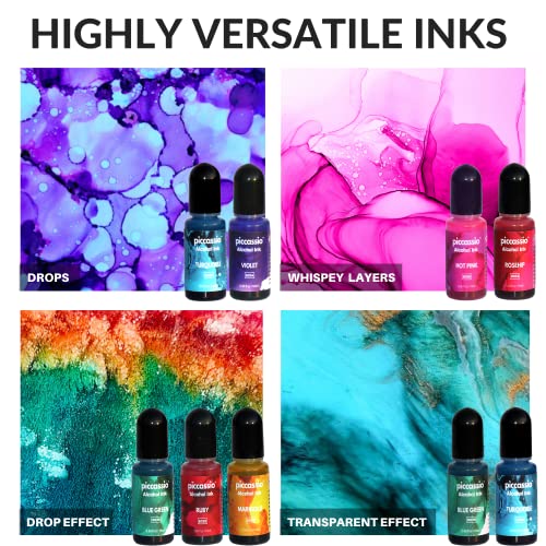 Alcohol Ink Set – New Improved Formula – 24 Highly Saturated, Fast-Drying, Permanent Inks for Epoxy Resin, Tumblers, Fluid Art Painting, Glass, Metal, and More