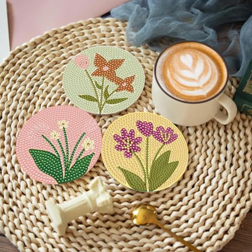 DOTSOPS 6 Pack Flower Diamond Art Coasters with Holder for Adults 4 in - color: A-Flowers