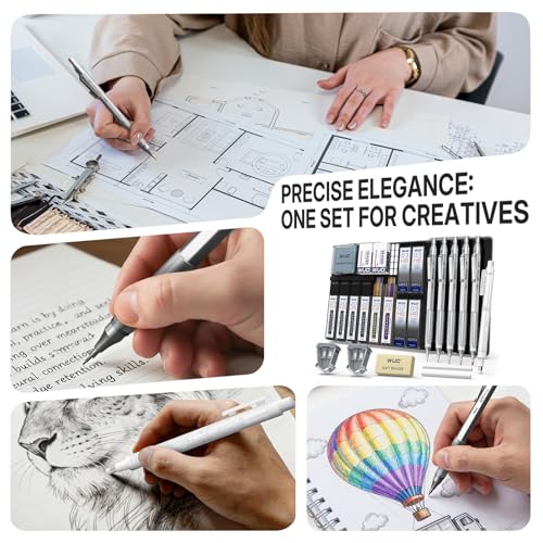 WUO Mechanical Pencil Set, 5 Pack Drafting Pencils 0.3/0.5/0.7/0.9/2.0mm | Mechanical drawing pencils, 312 lead refills, erasers/sharpeners for drafting, technical drawing, sketching, writing & art - color: Silver, size: 0.3/0.5/0.7/0.9/2.0