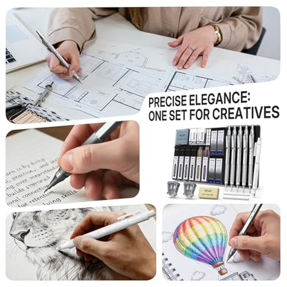 WUO Mechanical Pencil Set, 5 Pack Drafting Pencils 0.3/0.5/0.7/0.9/2.0mm | Mechanical drawing pencils, 312 lead refills, erasers/sharpeners for drafting, technical drawing, sketching, writing & art - color: Silver, size: 0.3/0.5/0.7/0.9/2.0