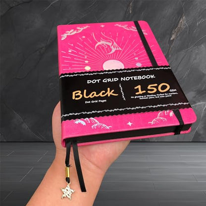 BUKE Dotted Journal - 150gsm Black Paper - 5 * 5mm DOT GRID Layout 160 Pages - A5 Size PU Leather Hardcover Drawing Sketch Notebook (Rose Red) - color: Rose Red