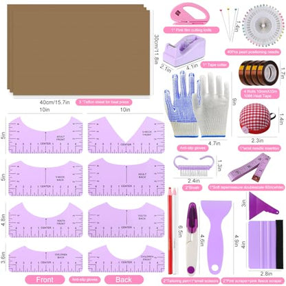 XEUZK Sublimation Shirts Tool Kits With 8 T Shirt rulers, 3Pack Teflon Sheet for Heat Press 12*16in, Heat Resistant Gloves & Silicone Bumps, 2 Rolls Heat Resistant Tape & Sublimation pencil (Violet) - color: Violet
