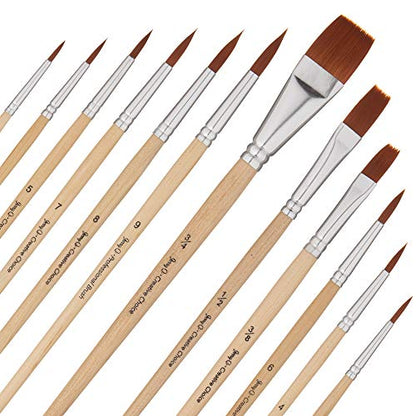 Jerry Q Art 12 PC Brown Synthetic Hair Round and Flat Paint Brush Set with Short Wood Handles for Acrylic, Watercolor and All Media JQ59831