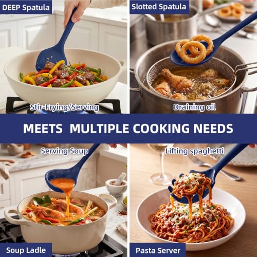 Kitchen Utensils Set,9 PCS Silicone Cooking Utensils Set Spatula Set,Tongs,Spoon,Whisk,Brush,Dishwasher Safe Kitchen Gadgets for Non-Stick Cookware,Home Essential，Kitchen Appliances(Navy Blue) - color: Navy Blue