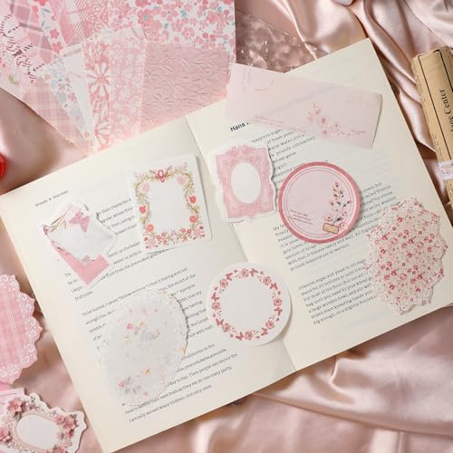 100pcs Pink Floral Scrapbooking Paper Vintage Flowers Scrapbook Specialty Craft Paper Memo Junk Material Papers Journaling Supplies for Journaling Retro Crafts Planner Collage Card Album
