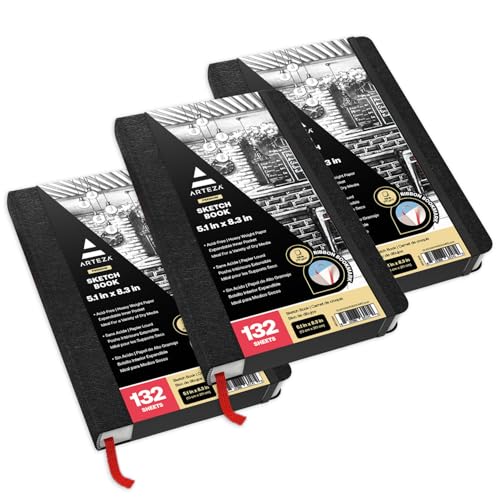 ARTEZA Hardcover Sketch Book 5.1x8.3 Drawing Pad 3 pack 100 Sheets Sketch Pads for Drawing for Adults & Teens