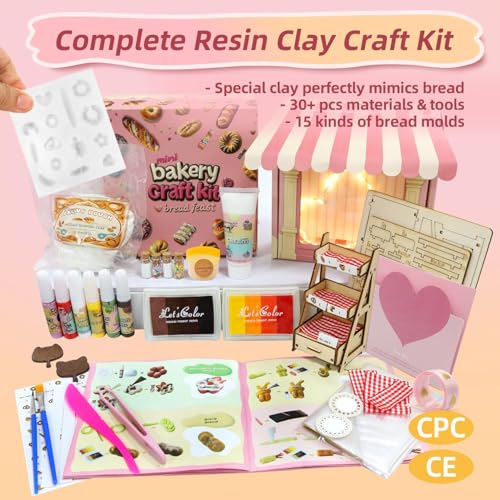 iLAND Air Dry Clay Bakery Crafts Kits for Kids Girls 8-12, Birthday Gifts | CPC-Safe 40+ pcs for DIY Bread & Shop Role-Play, Builds Motor & Social Skills, Starter Guide, Gift Box & Ribbons, 1:12 Scale - style: Royal Clay Bakery w/ Light String