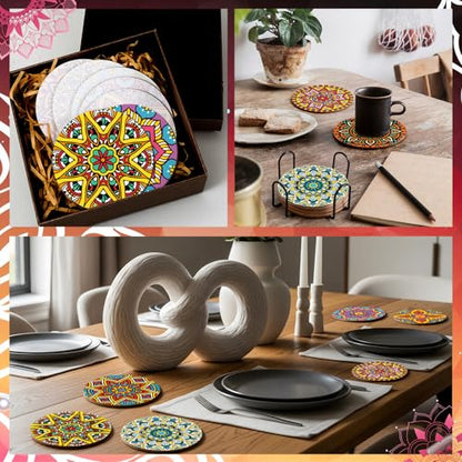 Reallnaive 8 Pcs Mandala Paint by Numbers Kit for Adults Wooden Coasters | Mini Floral Paint by Numbers, Tiny Flower Round Oil Painting Drink Coaster with Holder, for Small DIY Craft Birthday Gift - style: Mandala