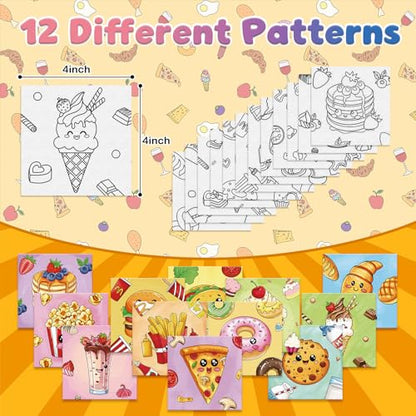 Anseal 12 Packs Pre Drawn Canvas to Paint, 4" X 4" Foods Pre-Printed Paint Party for Painting, Pre Stretched Canvas Outline Painting Boards for Paint Lovers, Party Favor - style: Foods