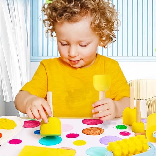 60 Pcs Round Paint Sponges Set, 5 Sizes Sponge Brushes for Painting | Sponge Paint Brushes for Acrylic Painting, Wooden Handle Craft Sponges for DIY, Crafts and Kids Arts - style: 60 Pcs Yellow