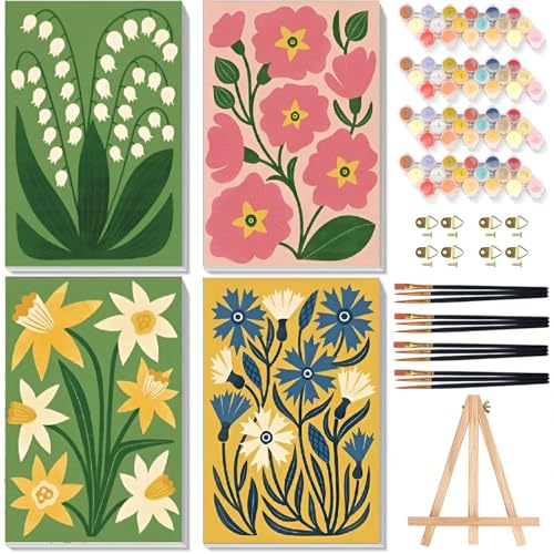 4 Pack Flower Paint by Numbers for Adults with Framed Canvas - Wooden Easel - color: BKH2304+BKH2305+BKH2306+BKH2307