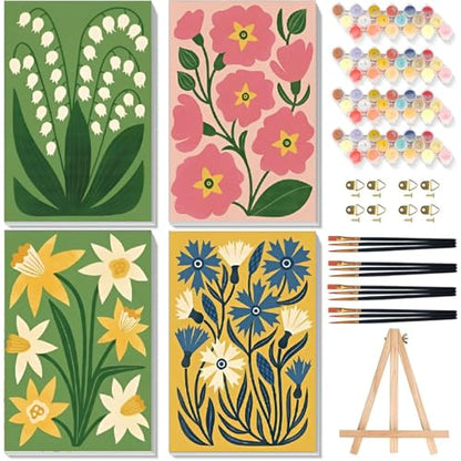 4 Pack Flower Paint by Numbers for Adults with Framed Canvas - Wooden Easel - color: BKH2304+BKH2305+BKH2306+BKH2307