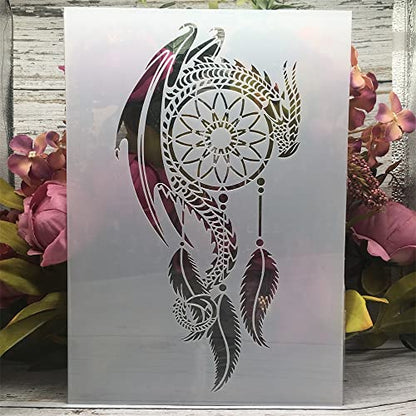TIAMECH A4 Reusable Dragon Stencil for Painting | Dragon on Wind Chime Tassel Layering Template, DIY Wall Art, Wood Furniture, Scrapbook & Crafts (8.3x11.7inch) - style: Dragon