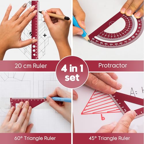 MSDADA Triangle Ruler and Protractor Set, 4 Pieces Aluminum Alloy Ruler Kit, Geometric Protractor for Student, School, Home, Office (Red, 20cm/7.87inch) - color: Red, size: 20cm