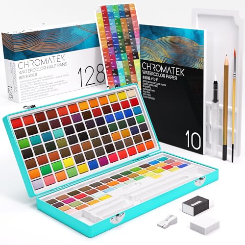CHROMATEK Watercolor Paint Set – 128 Vibrant Colors for Artists & Beginners with Palette – Includes Metallic, Fluorescent, Pastel & Opaque Shades, Brushes, Pad, Swatch Sheets & Travel Case - color: Assorted