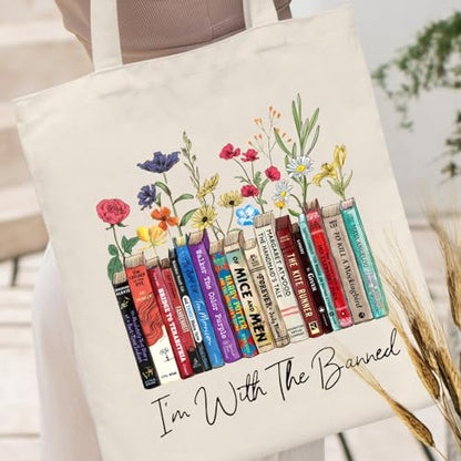 Canvas Aesthetic Tote Bag for Women with Inner Pocket Totes Shoulder Book Bag Shopping Reusable Grocery Bags - color: I'm With the Banned Tote Bag