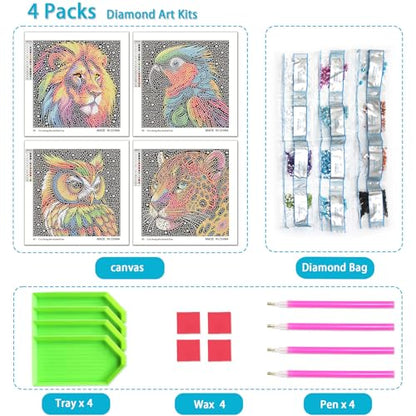 UiSdfuy Diamond Art Kits for Kids, Arts & Crafts Ages 8-12,Diamond Art for Boys Girls,Gem Art 4 Pack Diamond Painting 6"x 6" - Lion Owl Leopard Parrot - color: 4-Lion