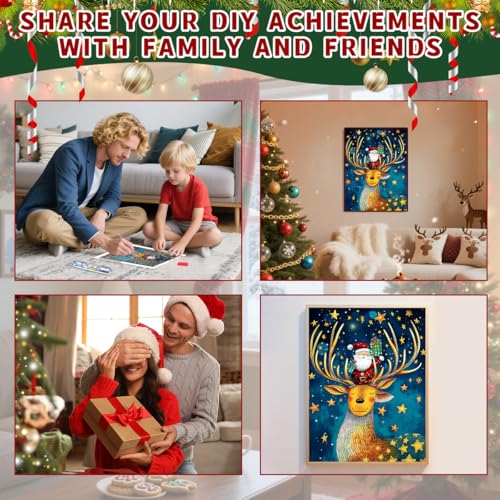 Ohhvvow Magic Christmas Diamond Painting Kit - Santa Standing on Reindeer Head with Gifts, Glittering Stars Sky, 5D Full Drill Round Diamonds & Tools, Holiday DIY Craft Gift for Women Men - color: Santa Claus with deer A