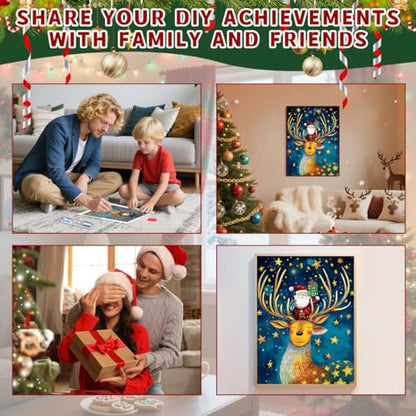 Ohhvvow Magic Christmas Diamond Painting Kit - Santa Standing on Reindeer Head with Gifts, Glittering Stars Sky, 5D Full Drill Round Diamonds & Tools, Holiday DIY Craft Gift for Women Men - color: Santa Claus with deer A