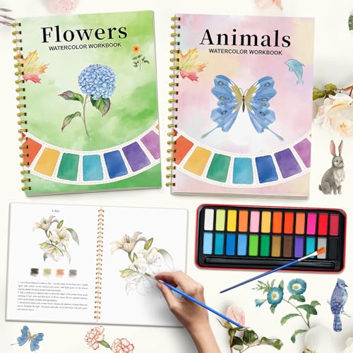 Watercolor Workbook - Coloring Book Beginner Friendly Painting Kit, Watercolor Workbooks for Adults, Exploration Gift for Adults Teens (Flowers-Animals, 24 Color Palette) - color: Flowers-Animals
