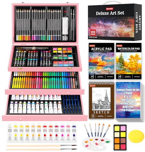Soucolor 192-Pack Deluxe Art Supplies,Drawing Painting Sets,Teen Girl Gifts - color: Pink