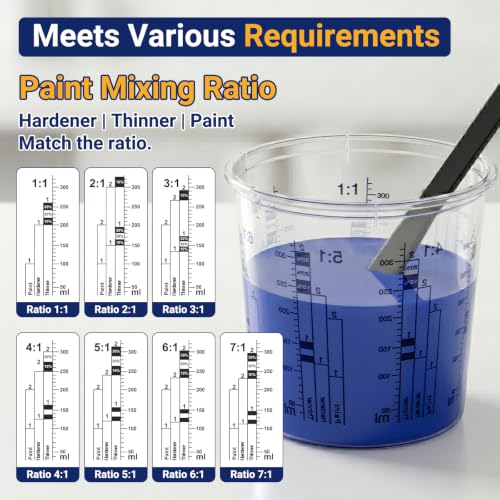 30 Pack 10oz 320ml Clear Plastic Paint Mixing Cups with 30 Stir Sticks - Disposable Graduated Measuring Cups for Paint, Resin & Epoxy with ML Scale & 3-Column Ratios (1:1-7:1) for DIY Crafts - size: 10oz / 320ml