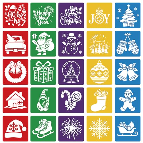 CUTHOLLOW 25PCS Christmas Theme Painting Shape Stencils Sets - 8 Inch Reusable&Washable Drawing Template, Different Primary Themed Sidewalk Chalk Art Stencils Kit for Craft Room Wall Paper - style: Christmas Theme
