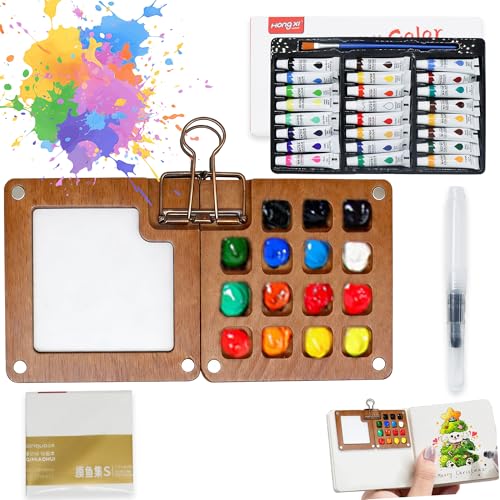 Mini Paint Palette Travel Kit, Portable Pocket Artist Water Color Travel Set with 24 Colours,Sketchbook,Clips,Pens,15 Grid Wooden Paint Box for Painters Artists (24 Colours)